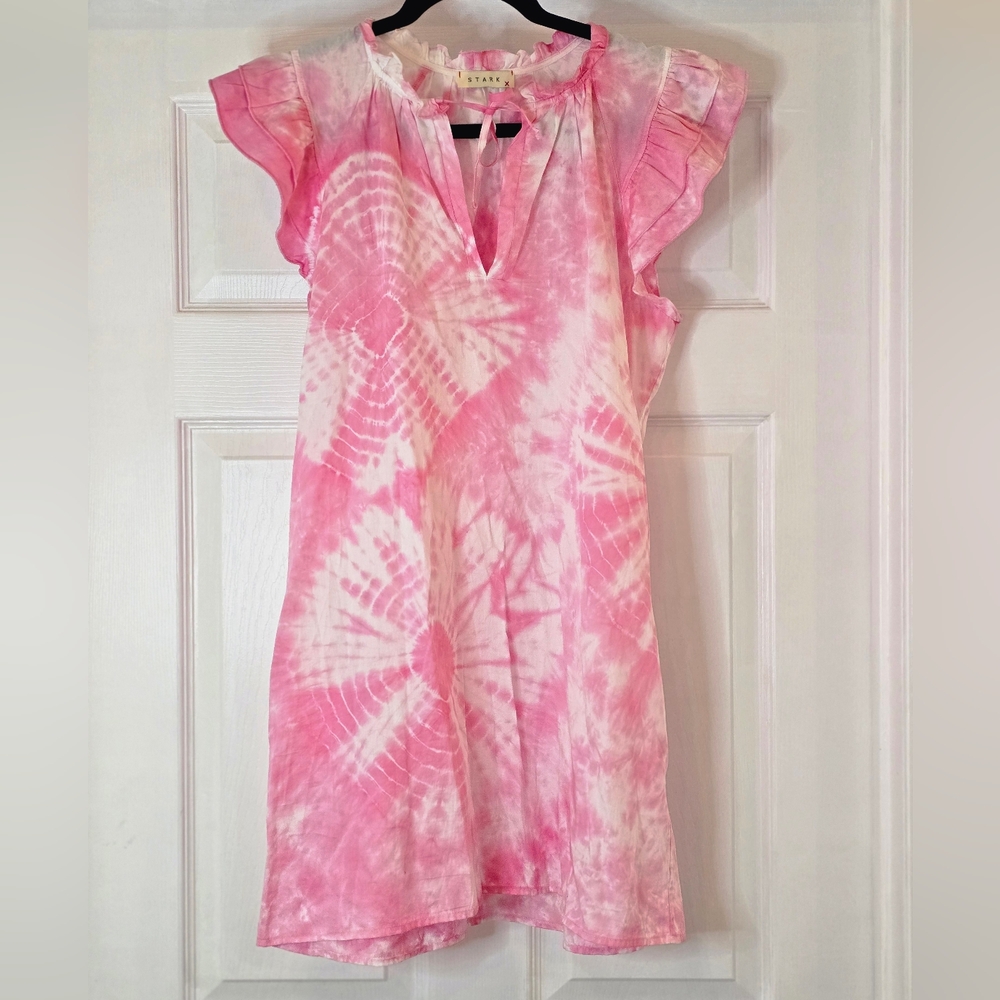 Pink Tie-Dye Ruffle Sleeve Dress